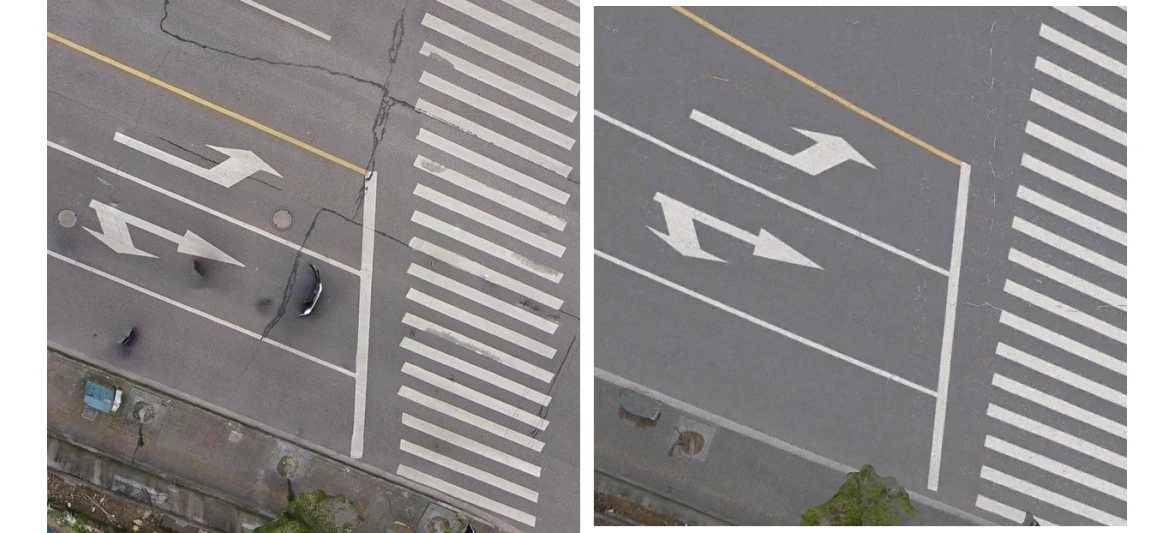 道路场景修复前后对比：清理悬浮碎片与错误贴图
